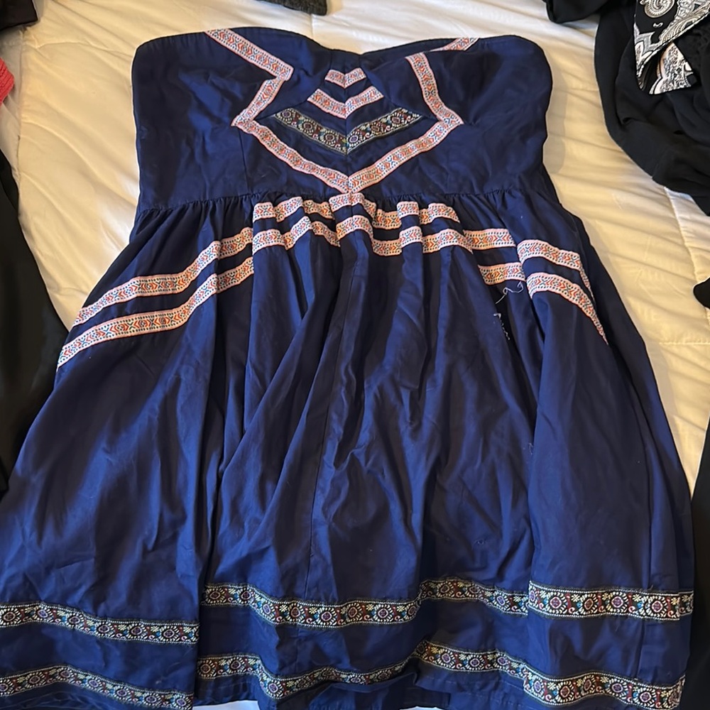 Navy Blue Strapless Dress with Geometric Patterns